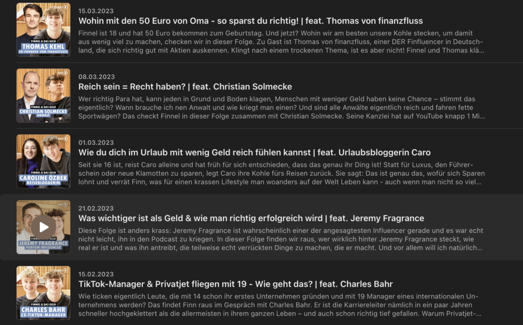 Finnel und das Geld in den deutschen Apple- und Spotify-Podcast Charts 